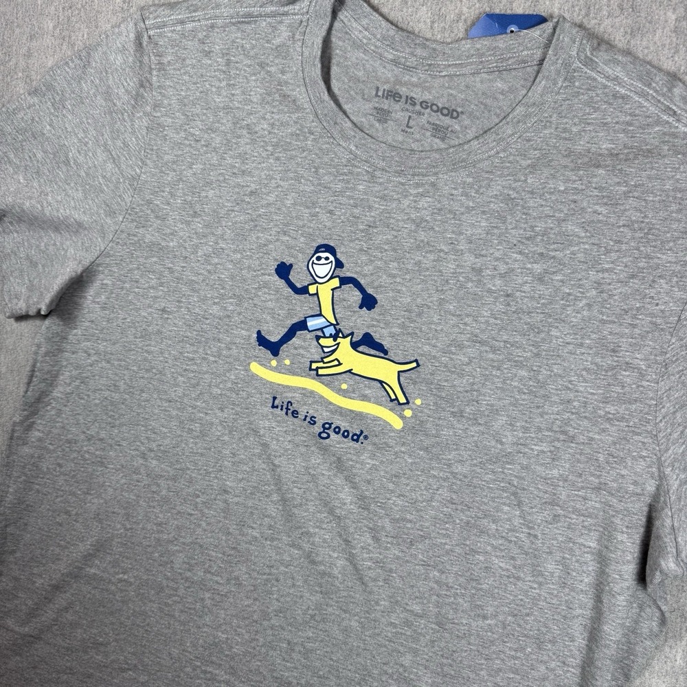LIFE IS GOOD Crusher T-Shirt Jake & Rocket Beach Run, Gray, Size Large